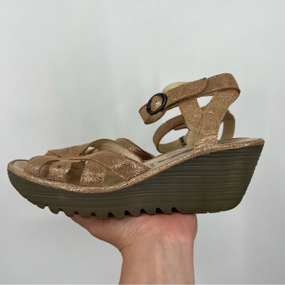 Fly London Women's Metallic Tan Wedge Sandals